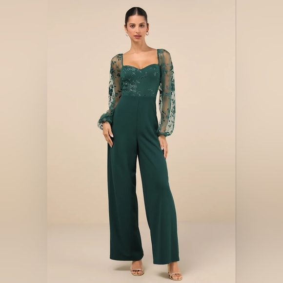 Lulus Darling Charisma Emerald Mesh Embroidered Jumpsuit M Wedding Party Evening - Picture 2 of 10